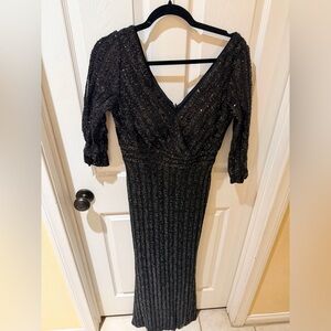 La Femme Black Sequin V-Neck Midi Dress with Three-Quarter Sleeves